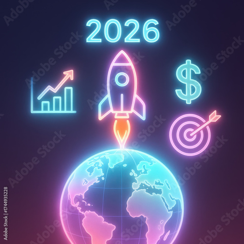 Digital Growth: A vibrant illustration showcases a rocket launching from a radiant earth, symbolizing forward progress and the anticipation of the year 2026, accompanied by key indicators of success.