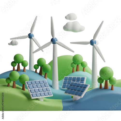 Sustainable Green Energy Wind Turbines and Solar Panels in a Hilly Landscape 3D Render