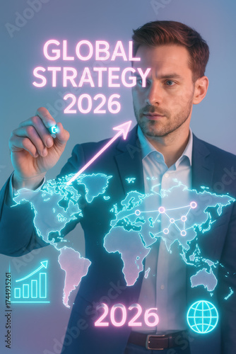 Visionary Global Strategy: A determined business leader uses modern technology to outline the global strategy for the year 2026.