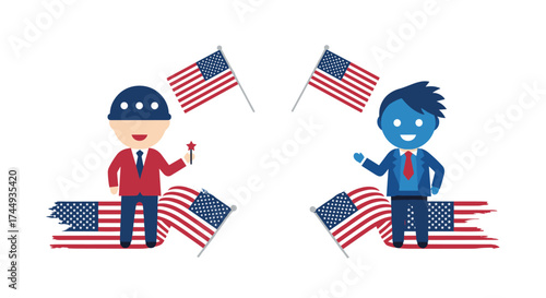 Two cartoon candidates engage in a political debate surrounded by American flags.