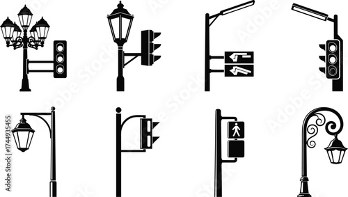 street, lamp, traffic, light, silhouette, pole, lantern, signal, urban, outdoor, illumination, electricity, infrastructure, city, night, architecture, design, vector, illustration, public, lighting