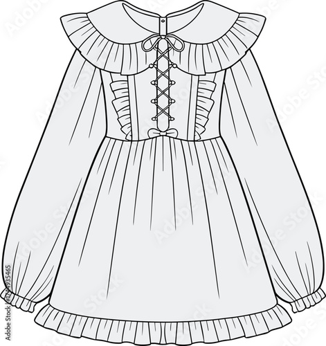 Vintage dress, fashion illustration, technical sketch, lace-up bodice, puff sleeves, ruffled hem, Victorian style, garment design, costume concept