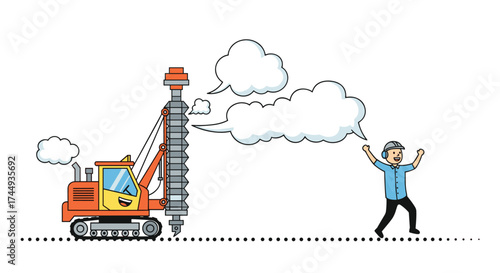 Heavy machinery drilling into the ground with a worker cheering in the background.