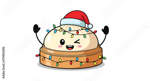 Cute bao bun character wearing a Santa hat and decorated with festive Christmas lights.