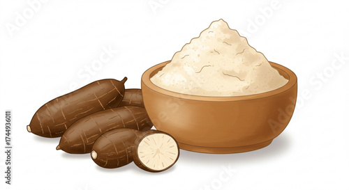 Cassava roots and flour in bowl on white background  