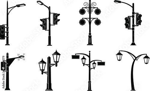 street, light, traffic, lamp, silhouette, pole, lantern, signal, urban, outdoor, illumination, electricity, infrastructure, city, night, architecture, design, vector, illustration, public, lighting