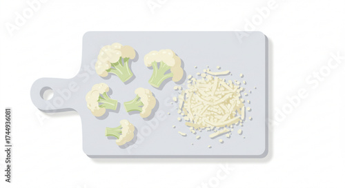 Cauliflower florets and grated cauliflower rice on cutting board  