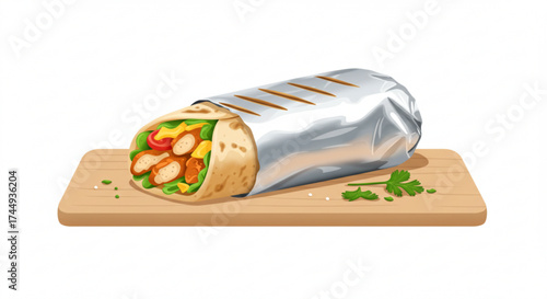 Chicken burrito wrapped in foil on wooden cutting board  