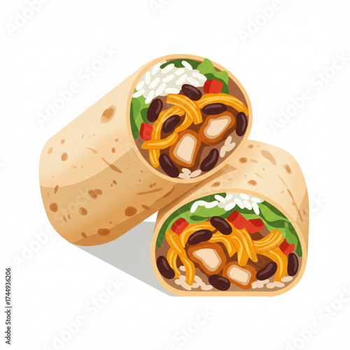 Chicken burrito wrapped with rice, beans, and vegetables on white background  