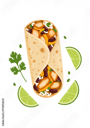 Chicken burrito wrapped with ingredients and garnished with lime  