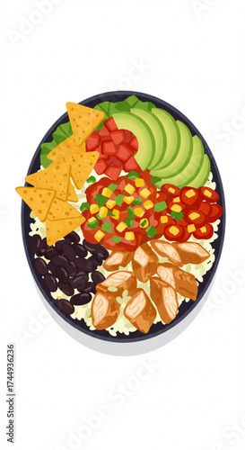 Chicken burrito bowl with toppings in colorful presentation  