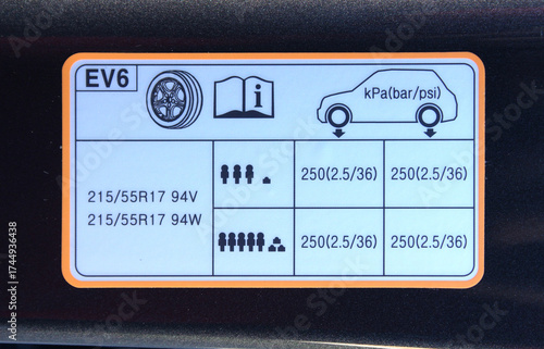 Tire pressure label. Close-up electric car tire pressure label showing recommended values for front and rear tires.
