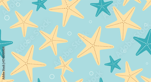 A repeating pattern of yellow and blue starfish with bubbles on a light blue background.