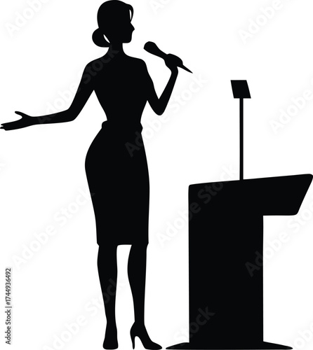 a woman presenting at a podium silhouette vector