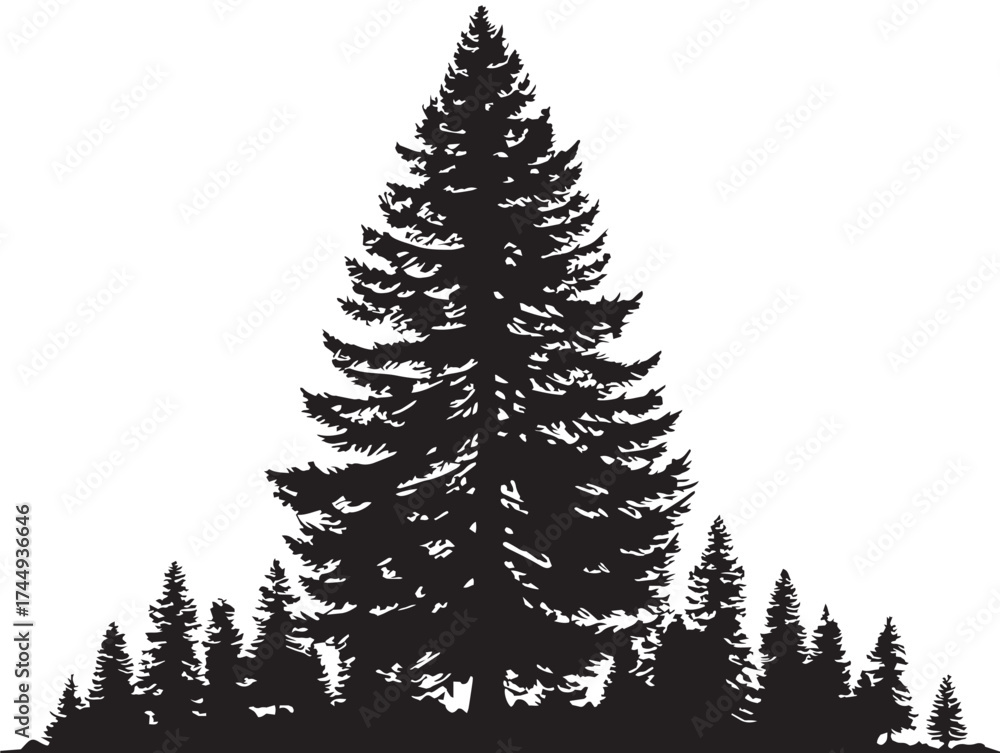 Obraz premium Majestic mountain pine tree silhouette in solid black for dramatic design