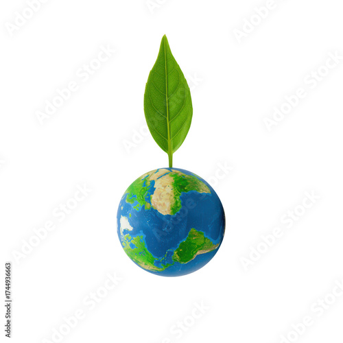 Sustainable Earth Green Leaf Sprouting from Globe Symbolizing Environmental Growth and Care