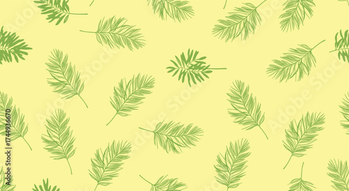 A repeating pattern of green fern fronds on a pastel yellow background.