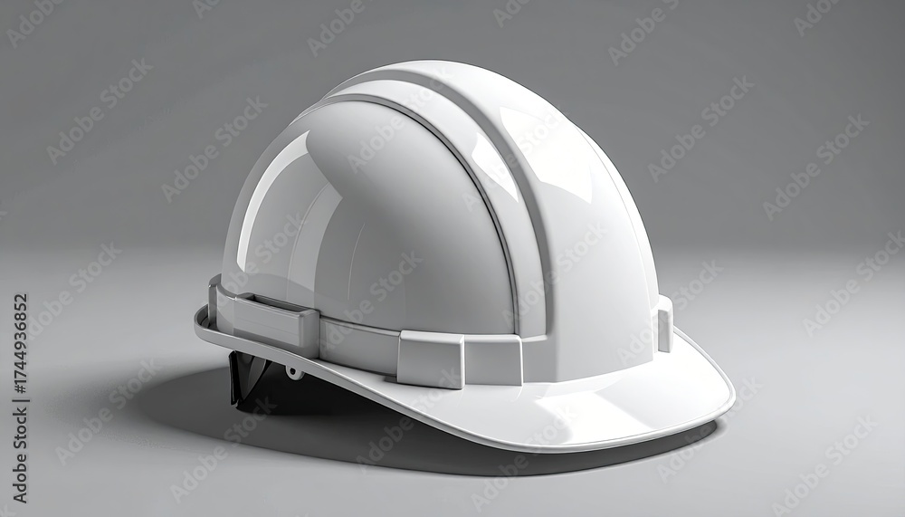 Fototapeta premium White Hard Hat with Glossy Finish and Gray Background in Studio Lighting