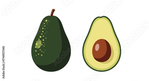 Fresh organic avocados whole and halved on white background.