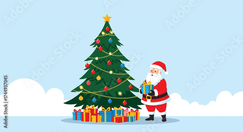 Santa Claus places a gift under the decorated christmas tree.