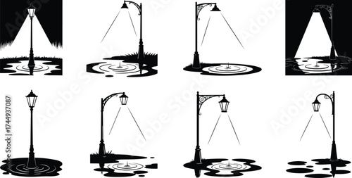 street, lamp, silhouette, reflection, puddle, water, light, illumination, urban, outdoor, electricity, infrastructure