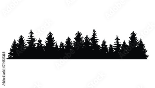 Fir trees silhouette. Coniferous spruce horizontal background pattern, black evergreen woods vector illustration. Beautiful hand drawn panorama of coniferous forest