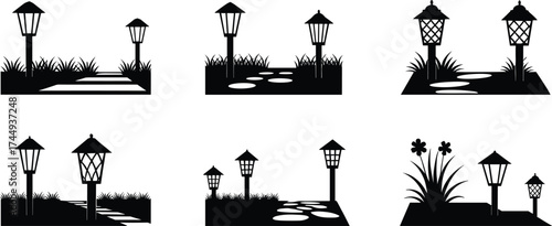 Garden pathways with decorative lampposts, black silhouette outdoor illustration, landscaping design, vintage park lighting, artistic walkway scene, architectural garden artwork