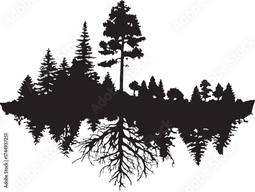 Expansive mountain landscape with trees and roots in solid black