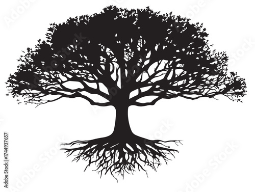 Enchanting mystic tree with roots in a solid black silhouette