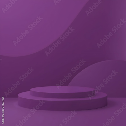 Elegant Purple Podium: A minimalist, inviting, and modern design of a vibrant purple stage, ideal for showcasing products or concepts, against a serene curved background.