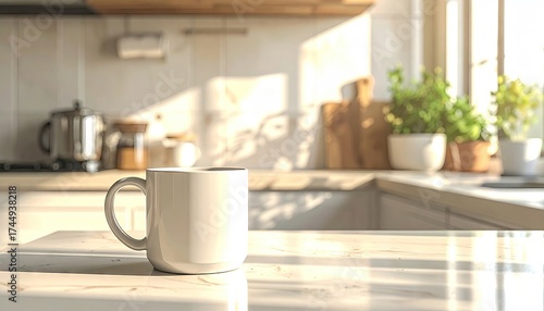 Wallpaper Mural Warm sunlight illuminates a white ceramic mug, casting shadows on a marble countertop in a kitchen setting; behind the mug, soft-focused kitchen elements like a teapot, plants, and wooden cutting... Torontodigital.ca