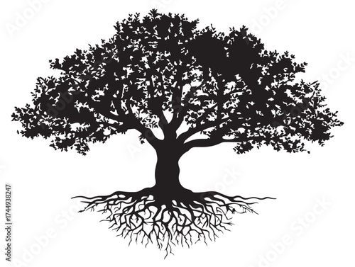 Mythical tree with ancient roots in a solid black silhouette