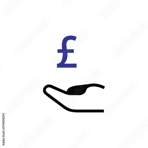 Pound currency symbol above a hand in a simple blue design