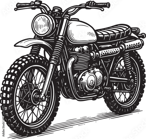 High-detail vector line art of a vintage classic motorcycle, deep black clean lines, no color or gradient, intricate engine and wheel details, pure white background, professional technical sketch styl