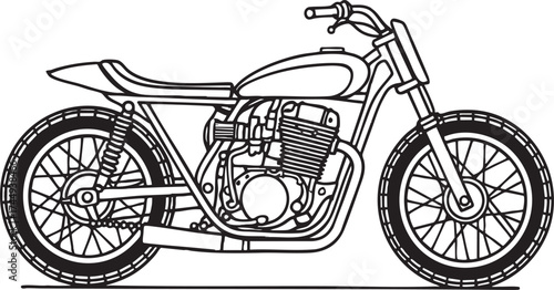 High-detail vector line art of a vintage classic motorcycle, deep black clean lines, no color or gradient, intricate engine and wheel details, pure white background, professional technical sketch styl