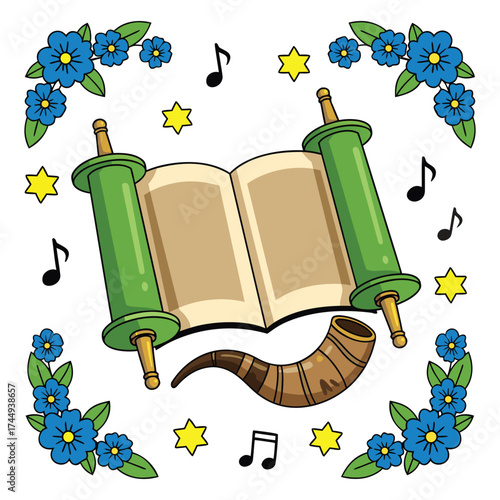 Illustration of torah scroll shofar flowers and music notes