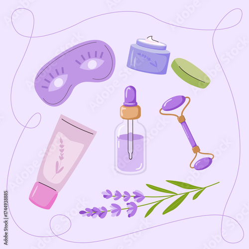 Flat illustration of skincare cosmetics set and spa treatments with lavender. Self-care with medicinal flowers, face cream, serum, massage roller, sleeping mask, tonic, lavender sprig.