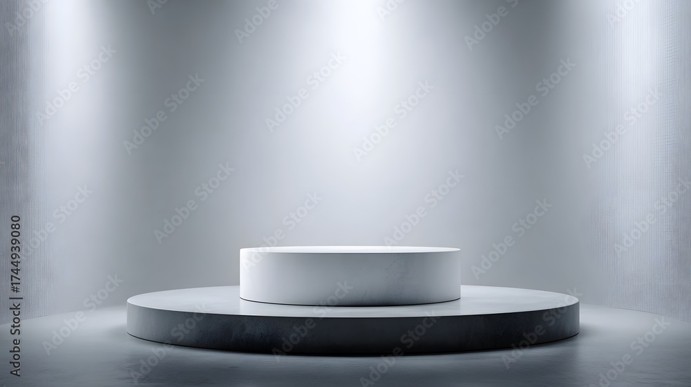 Fototapeta premium A minimalist two tiered circular podium stands on a clean studio floor under soft spotlights awaiting product display
