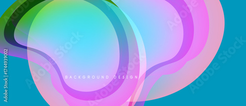 Abstract flowing shapes, vibrant colors blend. Blue background supports layered translucent forms, creating dynamic visual effect.