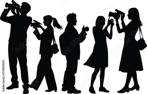  people taking pictures silhouette vector.