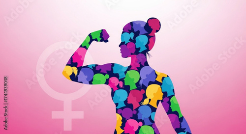 International Women's Rights Day Empowering Action, Feminist Symbol, Colorful Graphic Art, Digital Illustration, Abstract Environment, Strong Female Perspective
