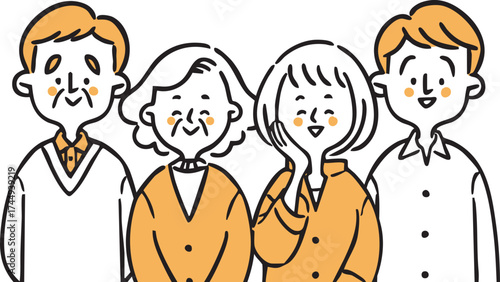 笑顔の二世帯家族　上半身　ベクター（オレンジ）
