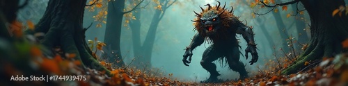 Fearsome Autumn Creature Emerging from Shadowy Forest, Halloween Fantasy Monster
