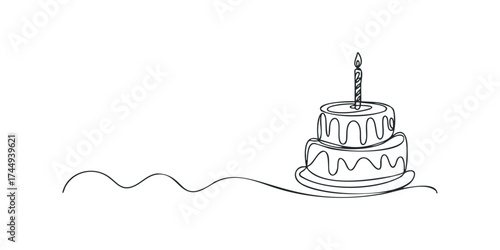 Single line drawing of a tiered birthday cake with a single candle