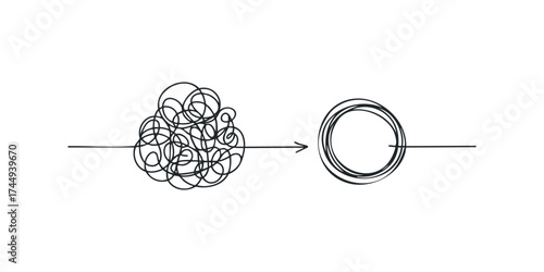 Tangled line transforming into organized circle and arrow