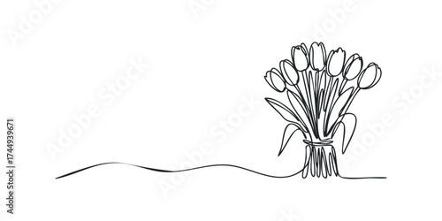 Continuous line drawing of a bouquet of tulips