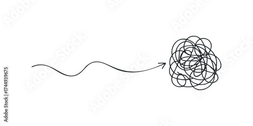 Arrow pointing towards tangled messy scribbles