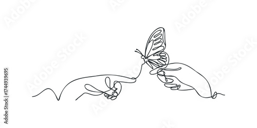 Continuous line drawing of butterfly on fingertip