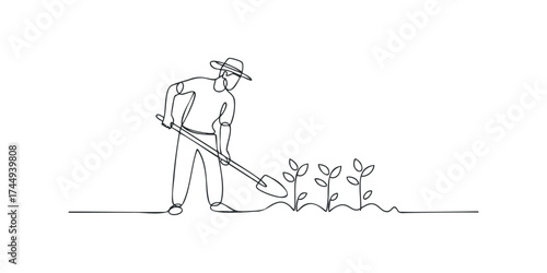 Person digging soil with shovel near seedling sprouts