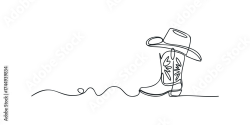 Line art cowboy hat and boot on white background
